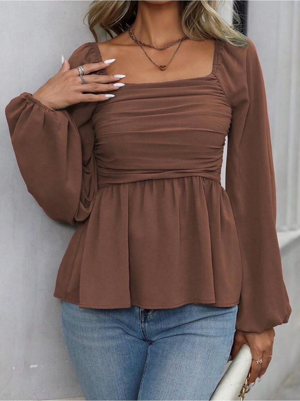 Brown Square Neck Peplum Top - Contemporary Women's Blouse